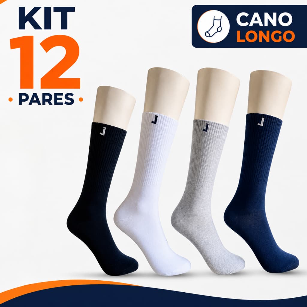 KIT 12 PARES MEIAS CANO LONGO MASCULINA CORES SORTIDAS