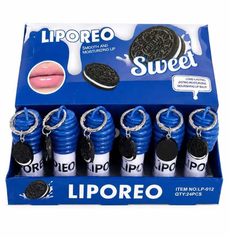 BOX/24 Liporeo Lip Gloss Chaveiro Hidratante Labial Fofo Sabor oreo Doce Chocolate