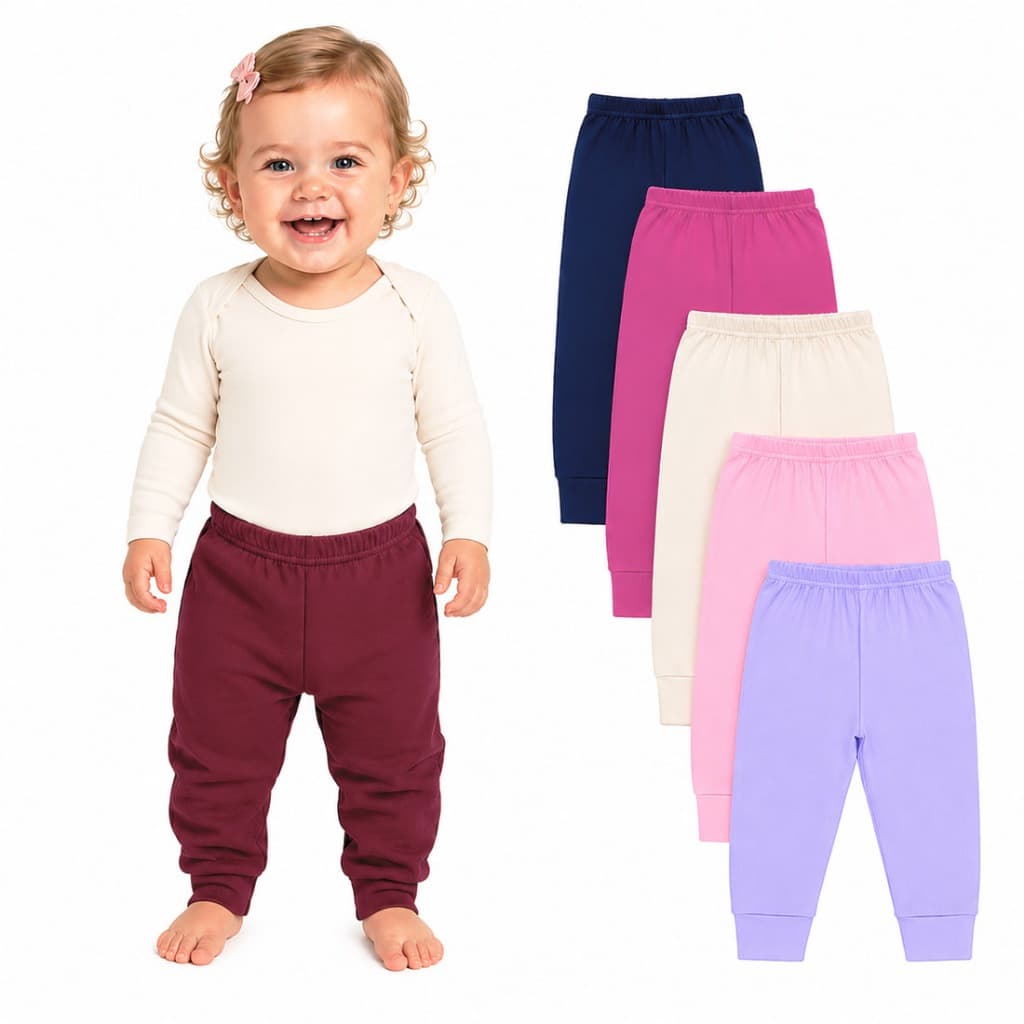 Kit 5 Peças Calça Bebê e Infantil tipo Mijão Meia Estação, Cores Menina