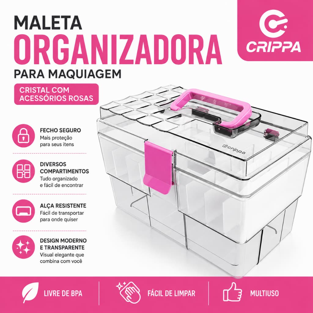 Caixa Organizadora Cristal Crippa com Divisórias e Acessórios Rosa Multiuso