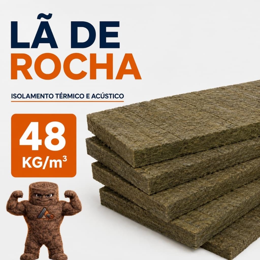 Kit 5 - Lã de Rocha 48kg m³/50mm - Isolamento Paredes, Lajes e Forros - 1200x600mm.