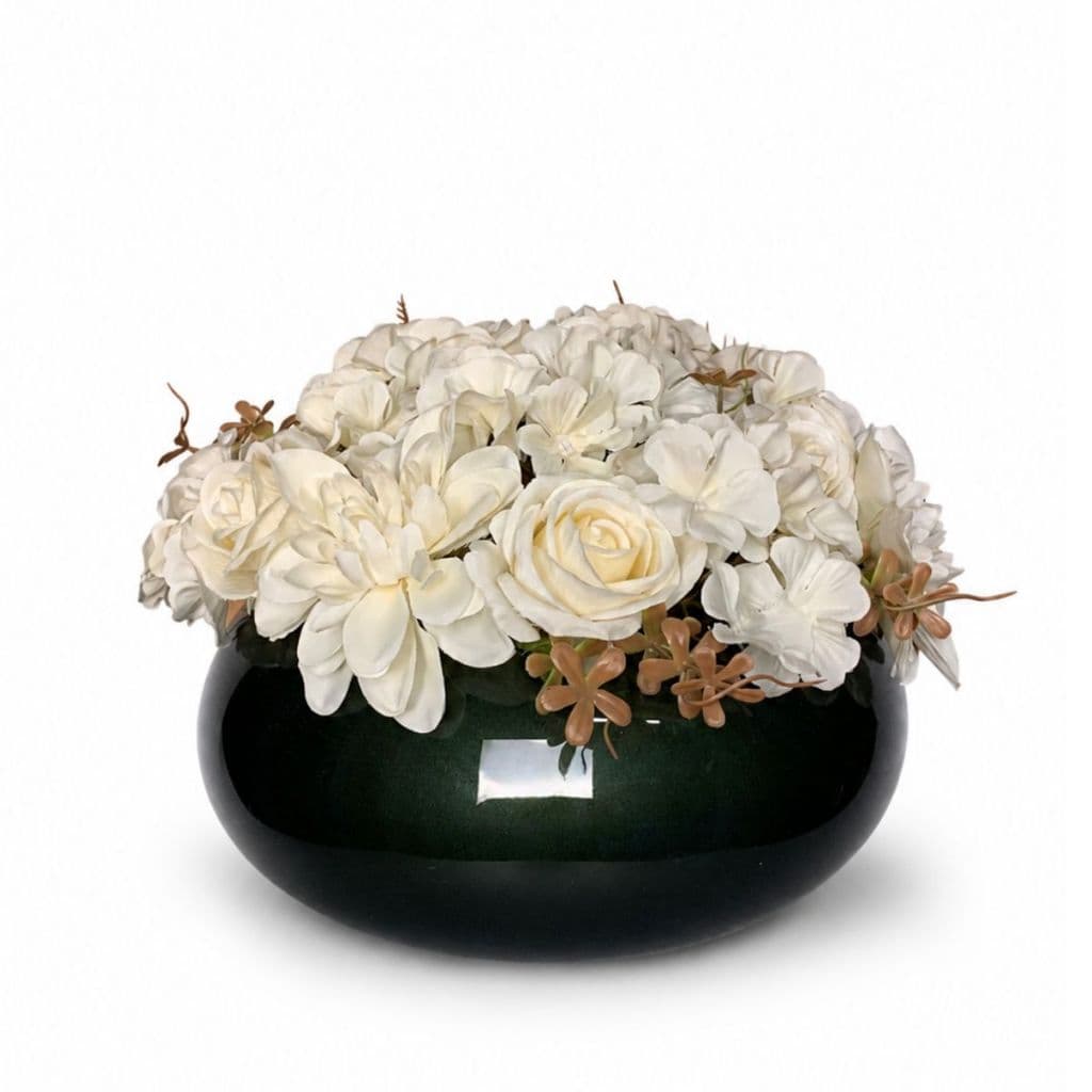 Arranjo Buquê de Rosas e Dálias Artificial com Vaso de Vidro Verde Fosco Decoração Mesa Sala