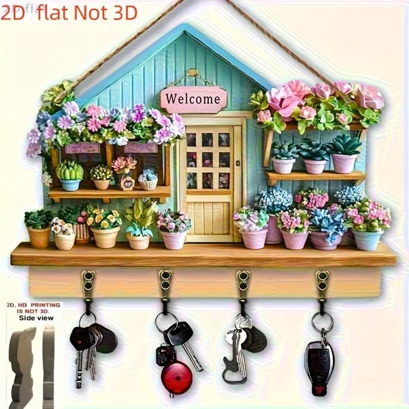 Suporte de Chaves Casa Azul de Flores de Madeira 2D Plano com 4 Ganchos de Metal - Decoração de Parede