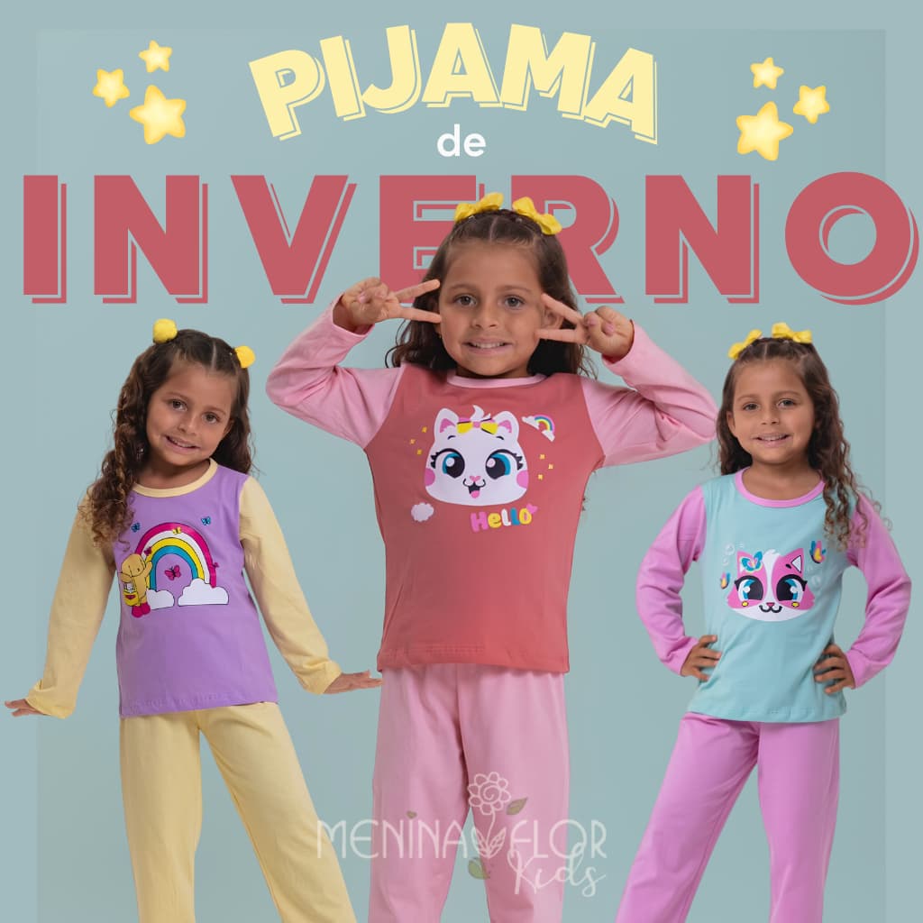 Pijama Infantil Feminino Inverno Dias Frios Outono Manga Longa Calça Comprida Confortável Menina