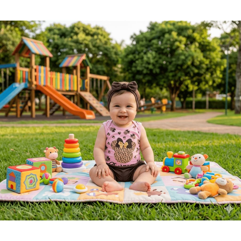 Conjunto Body Short e Faixa Bebê Menina Oncinha Minnie 3M a 6M  Confortavel  Passeios Kit 3 peças