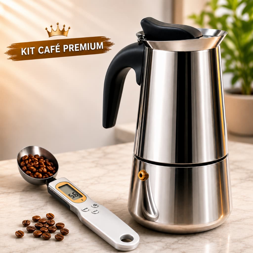 Cafeteira Italiana Inox 300ml Kit Colher Balança Digital Café Expresso 6 Xícaras Moka