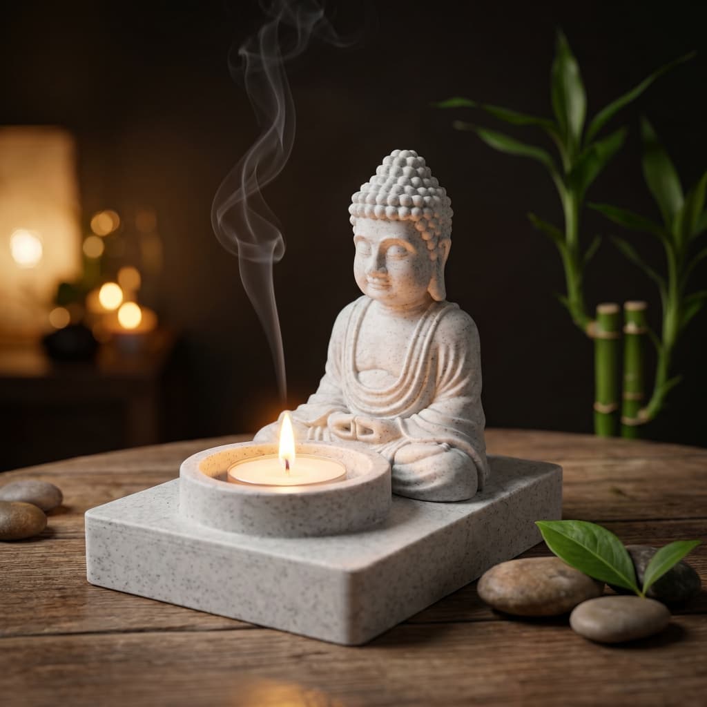 Buda Meditação Porta Vela e Incenso 9cm | Incensário Decoração Zen | Meditação Yoga Aromaterapia