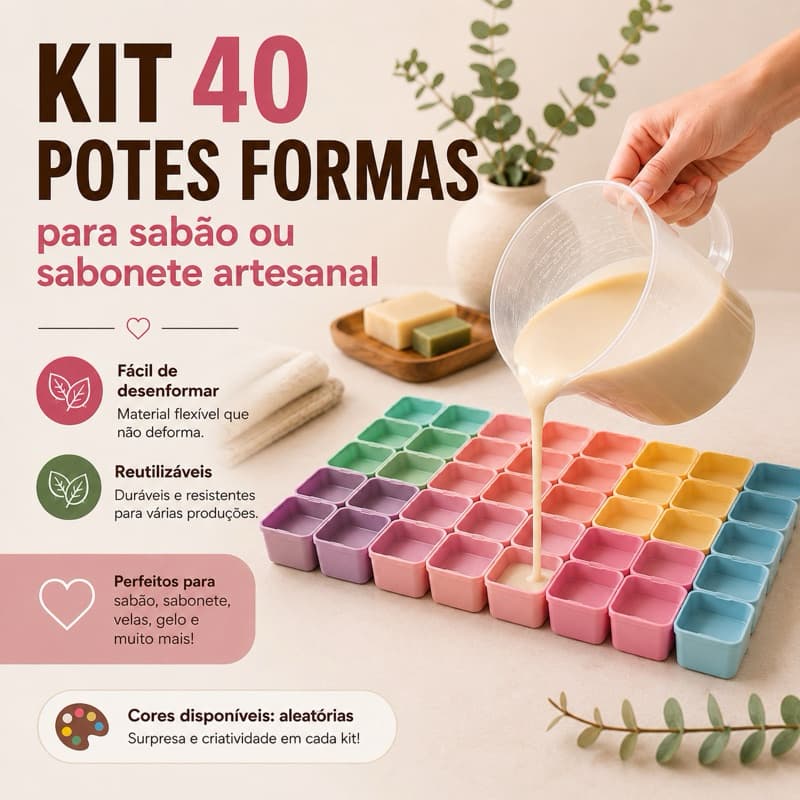 Kit 40 Potes Formas Para Sabão Sabonete Artesanal Moldes Reutilizáveis Coloridos Multius