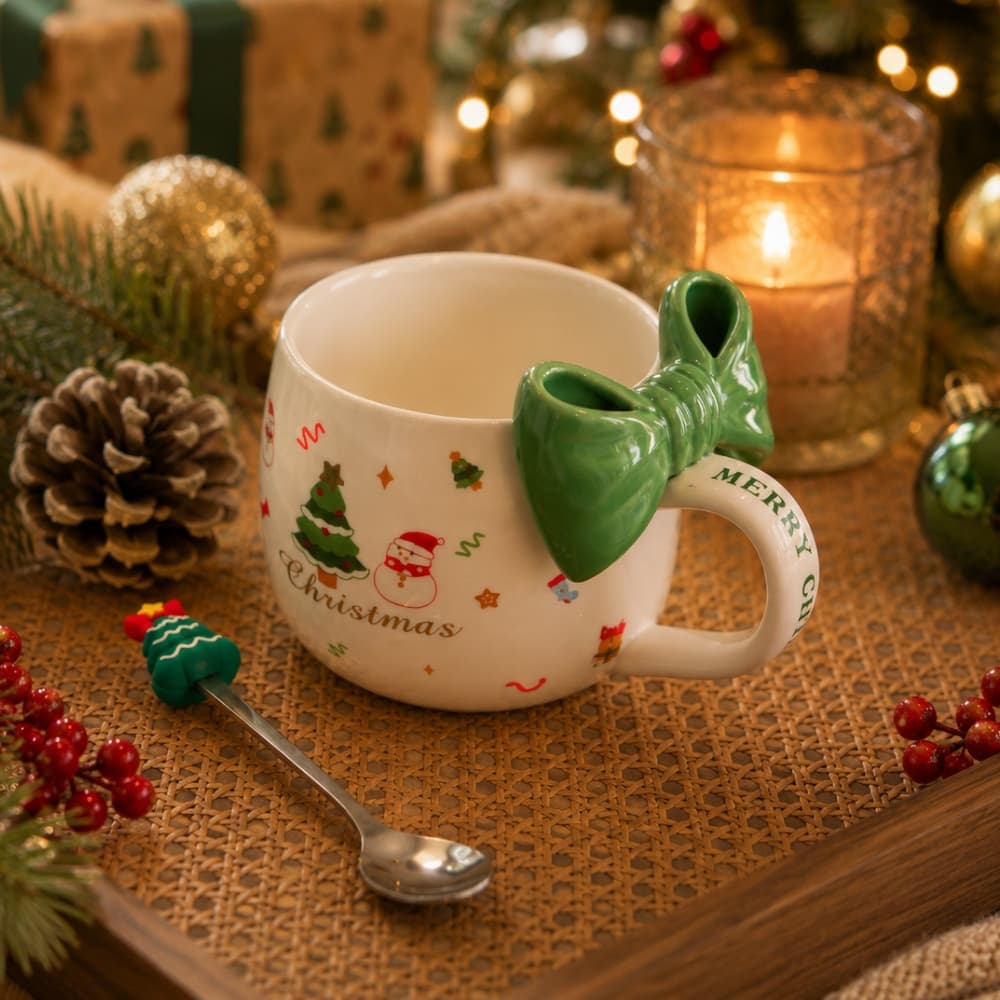 Caneca, xícara de Natal, cerâmica, estampada e laço em relevo verde, 400ml, com colher, encantadora e elegante.