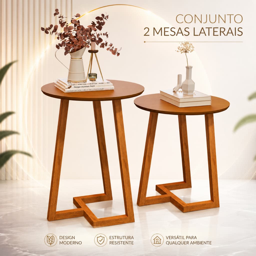 Kit 2 Mesas Centro Lateral Apoio Redonda Designer Geométrico Moderno MDP Sala Decoração Pes Madeira