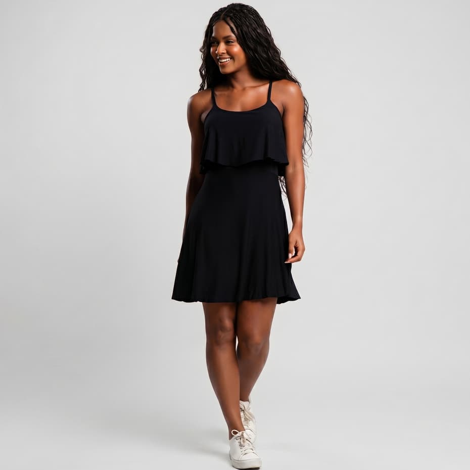 Dinelli Vestido Curto Feminino Regata Soltinho em Viscolycra Alça Fina Preto