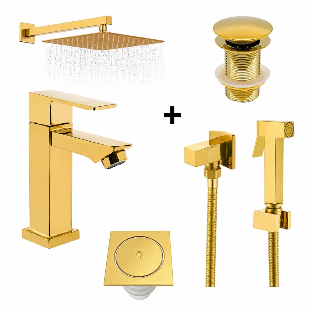 Kit Banheiro Luxo Dourado Completo Chuveiro 20x20 + Torneira Quadrada + Ducha Higiênica + Válvula Click + Ralo Click