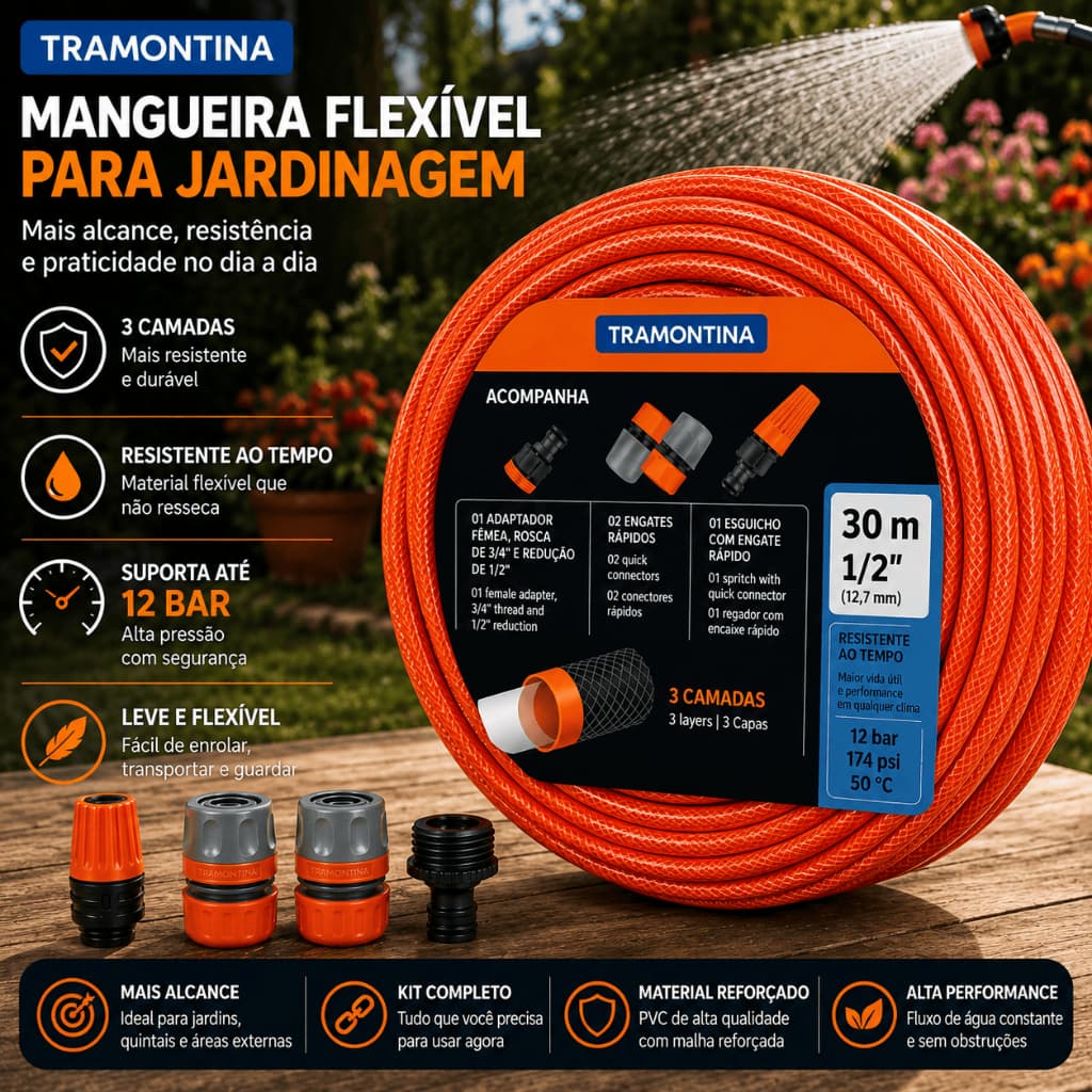 Mangueira De Jardim TRAMONTINA Ate 30 Metros com Esguicho e Kit Engate Rápido Trançada Flexível Reforçada