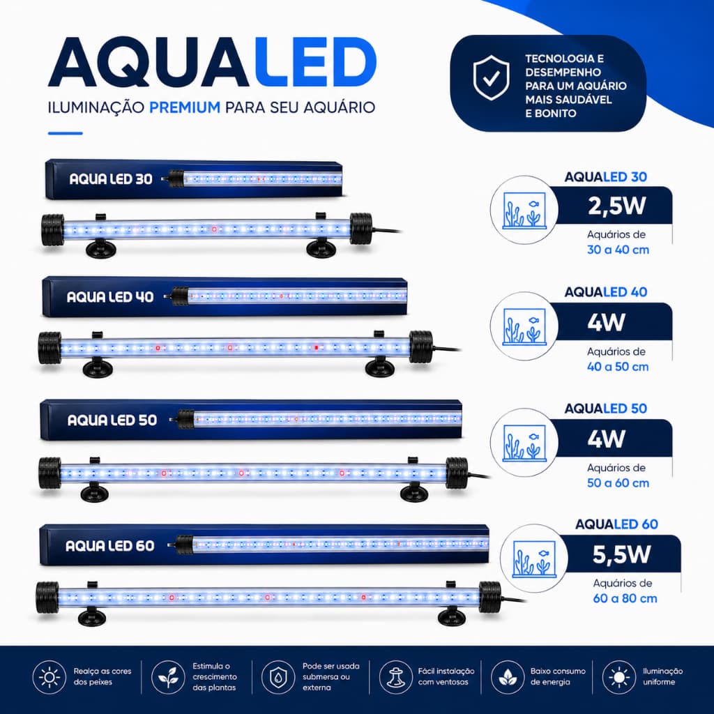 Luminária LED Aquário AQUALED 30 40 50 60cm Submersa Plantas Azul Branco Vermelho