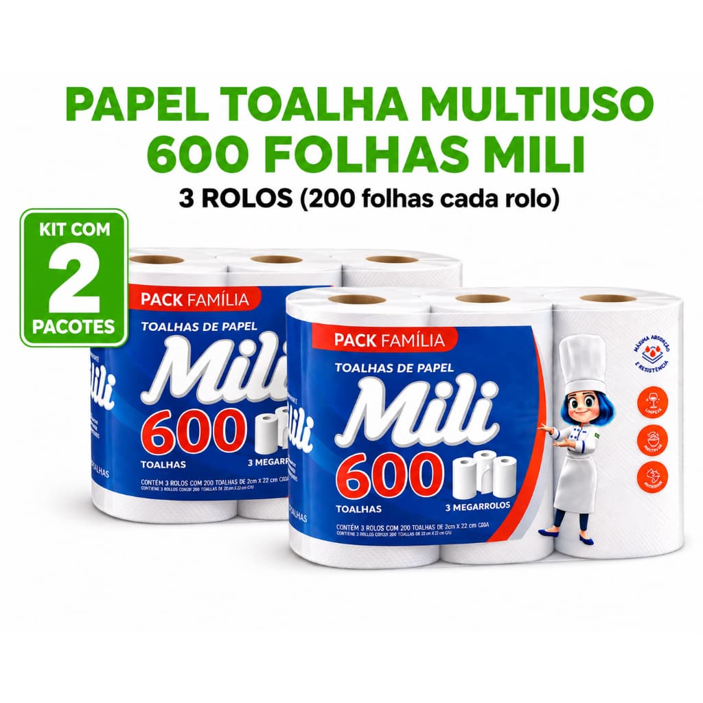 Kit 2 Papel Toalha Multiuso total 1200 Folhas Super Absorvente Cozinha Mili