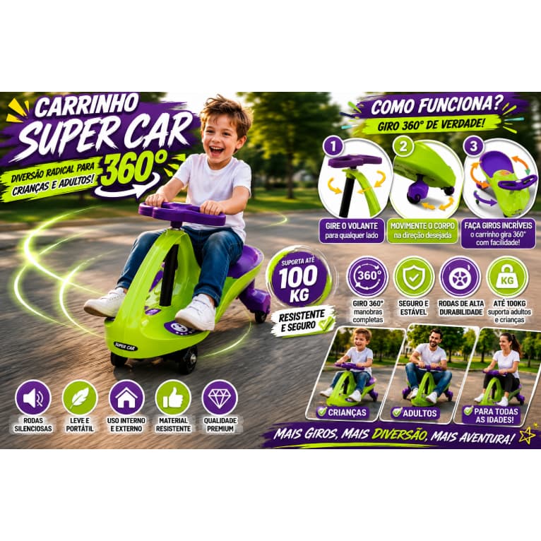 Carrinho Super Car Rodopio Até 100kg Infantil E Adulto Alta Resistência- Rodopio