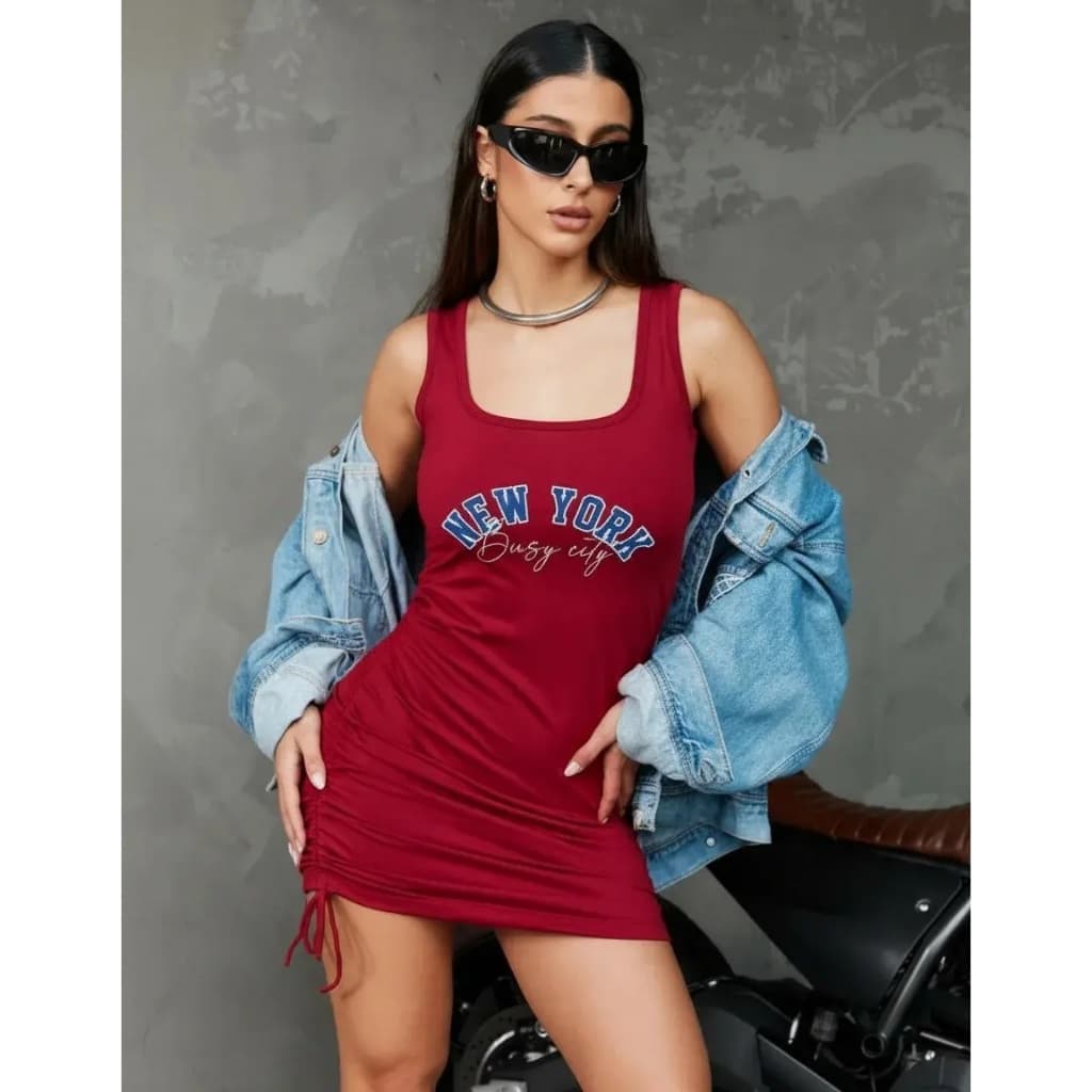Vestido Franzido Justo Drapeado C/ Cordão Ajustável Canelado Vermelho M