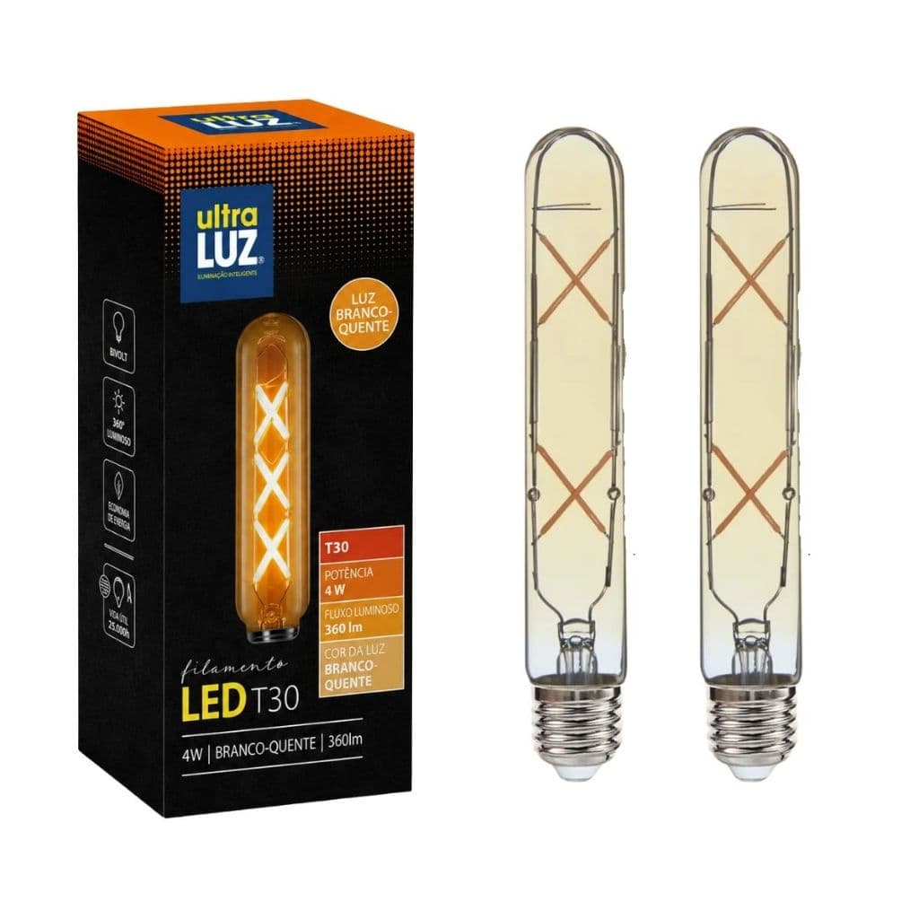 Kit 2 Lâmpadas LED Filamento T30 4W 2300K Âmbar E27 Bivolt Ultraluz Retrô Decorativa