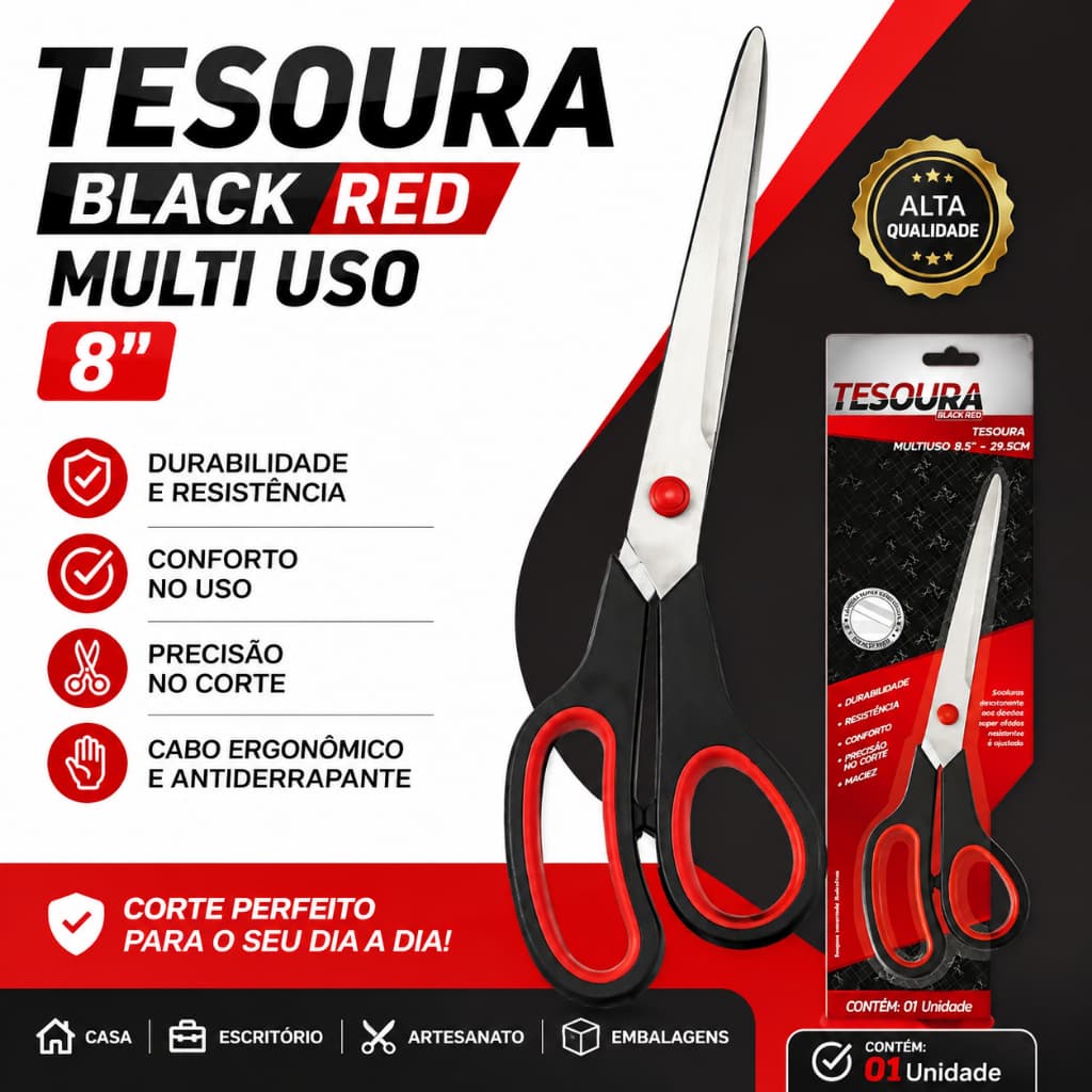 Tesoura Black Red Multiuso 8" Aço Inox Profissional Escritório Artesanato Papelão