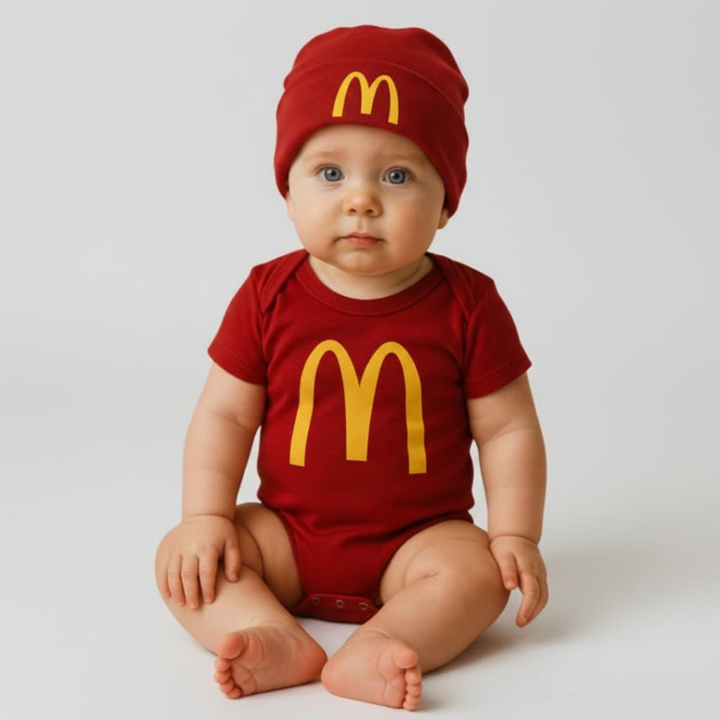 Body Infantil Bebe Mêsversario Temático do Mc Donalds + Touca Boina Manga Curta 100% Algodão
