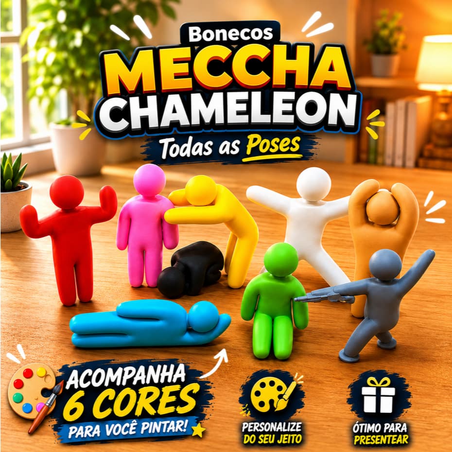 Kit Bonecos MECCHA CHAMELEON - 8 Figuras em Diversas Poses - Várias Cores ou Pinte Você Mesmo - Antiestresse e Decoração