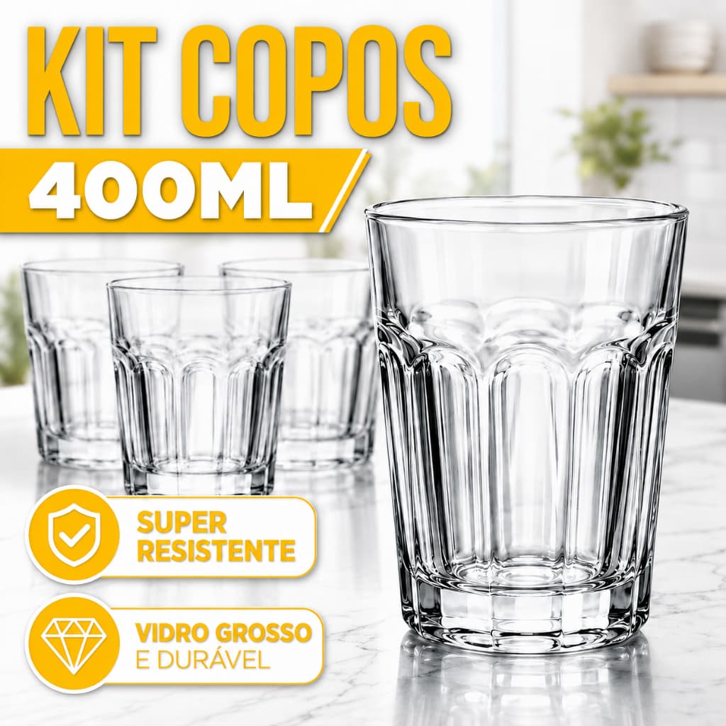Jogo de Copos de Vidro 400ml Kit Água Suco Drink Refrigerante Mesa Posta Cozinha