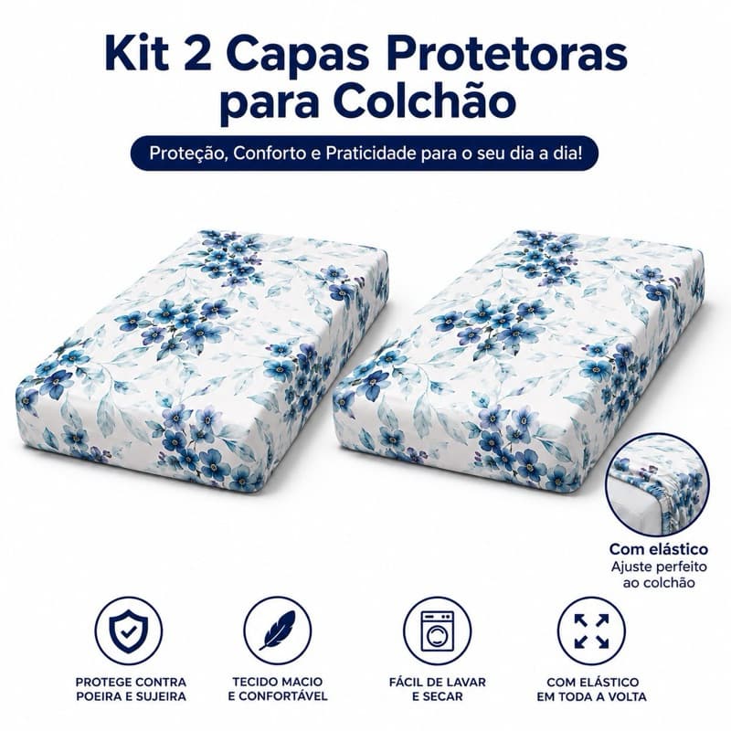 Kit 2 Capa Para Colchão Solteiro Com  Microfibra Estampada Antiácaro Lavável Proteção Total