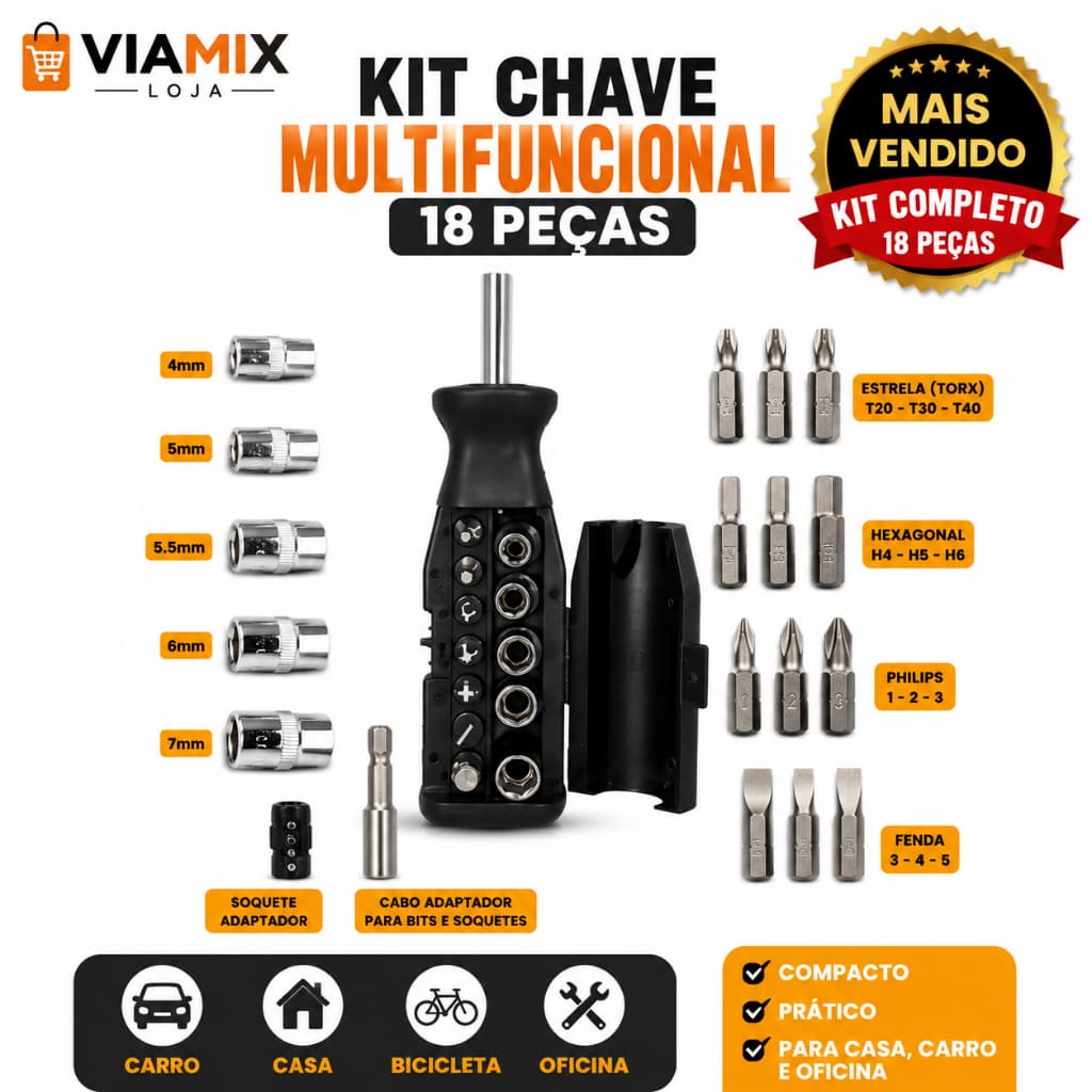 Conjunto Soquetes Chaves Catraca 18 Peças Profissional Resistência Multifuncional Reparos