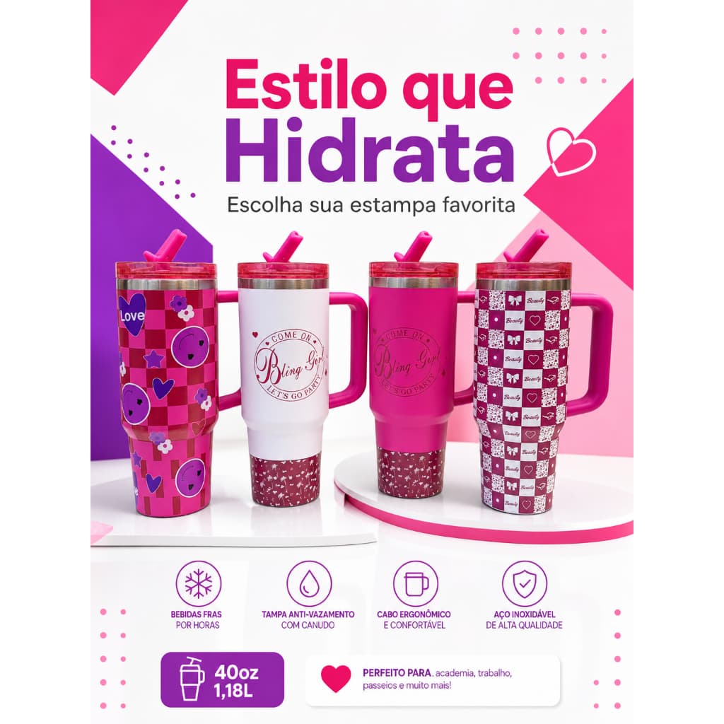 Garrafa Térmica SORRISO 900ml Rosa | Copo Personalizado de Inox com Tampa e Canudo