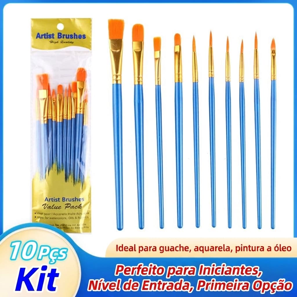 Kit Pincéis Artísticos 6 10 Peças Cerdas Macias Aquarela Óleo Acrílica