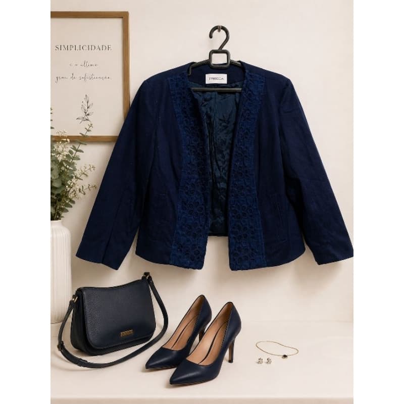 Casaquinho Bolero Feminino Tribeca Azul Marinho Manga 3/4 Bordado Vazado Tamanho M