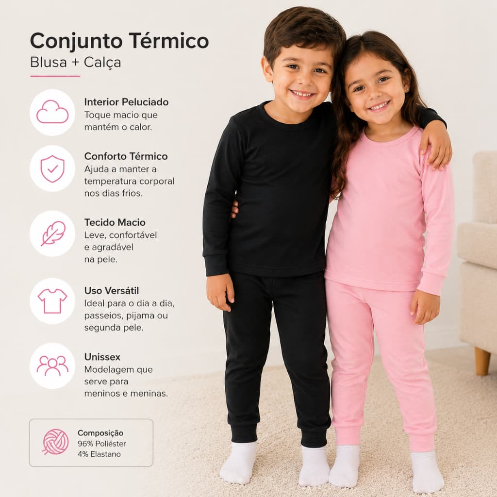 Kit 2 Conjuntos Térmicos Infantil Blusa E Calça Peluciada Segunda Pele