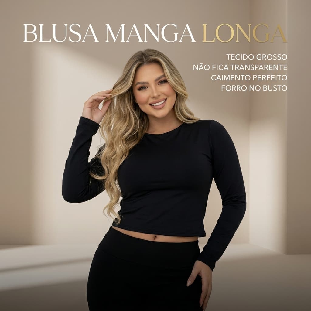 Blusinha Feminina Blusa Manga Longa Suplex Premium Gola Careca Com Forro No Busto Moda Blogueira