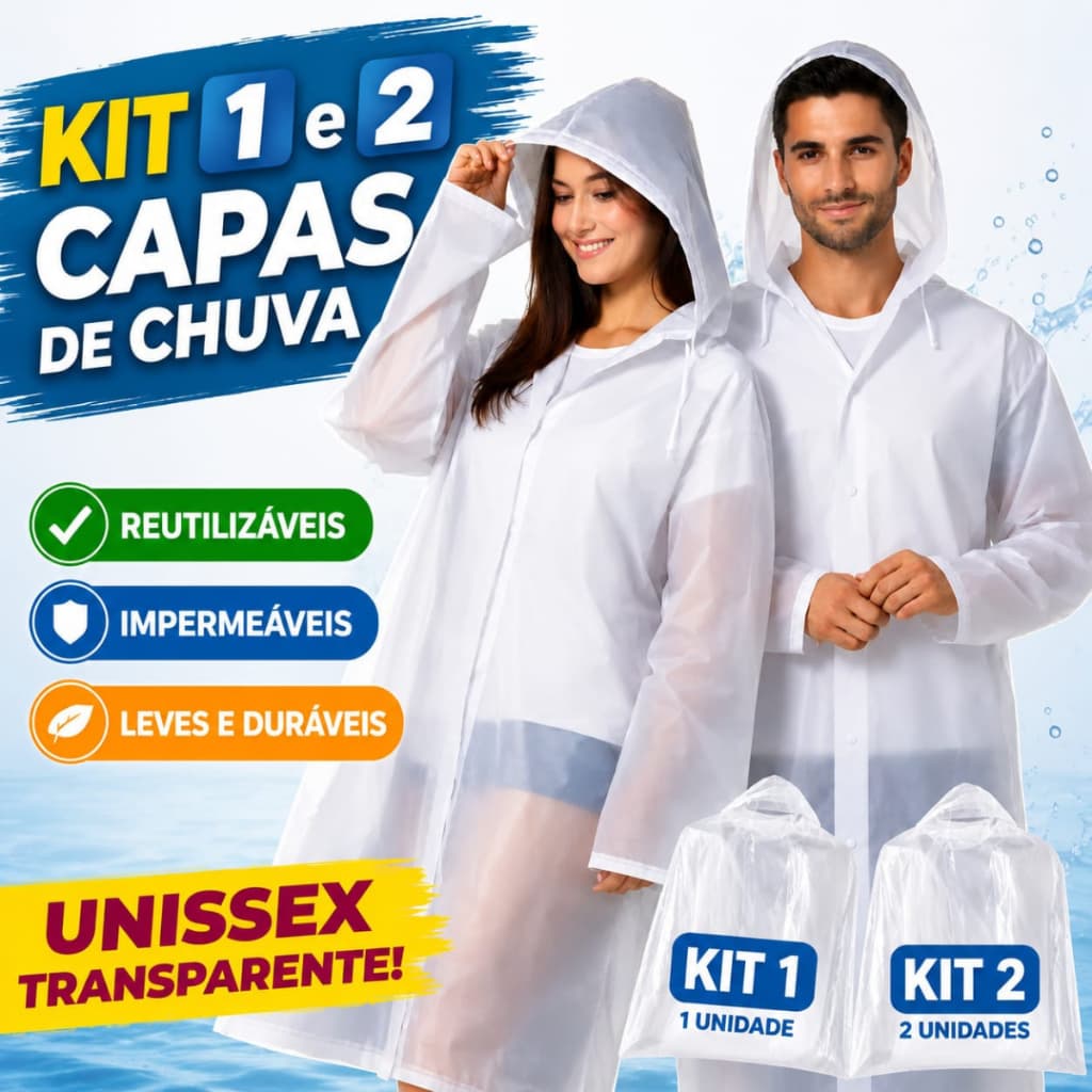 Kit 1 ou 2 Capa Chuva EVA Reforçada Transparente Impermeável Reutilizável Com Capuz Adulto Unissex