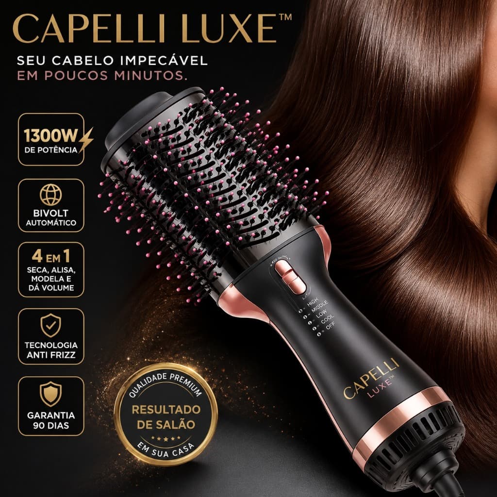 Escova Secadora Profissional Capelli Luxe™ 4 em 1 Bivolt 1300W | Seca, Alisa, Modela e Dá Volume