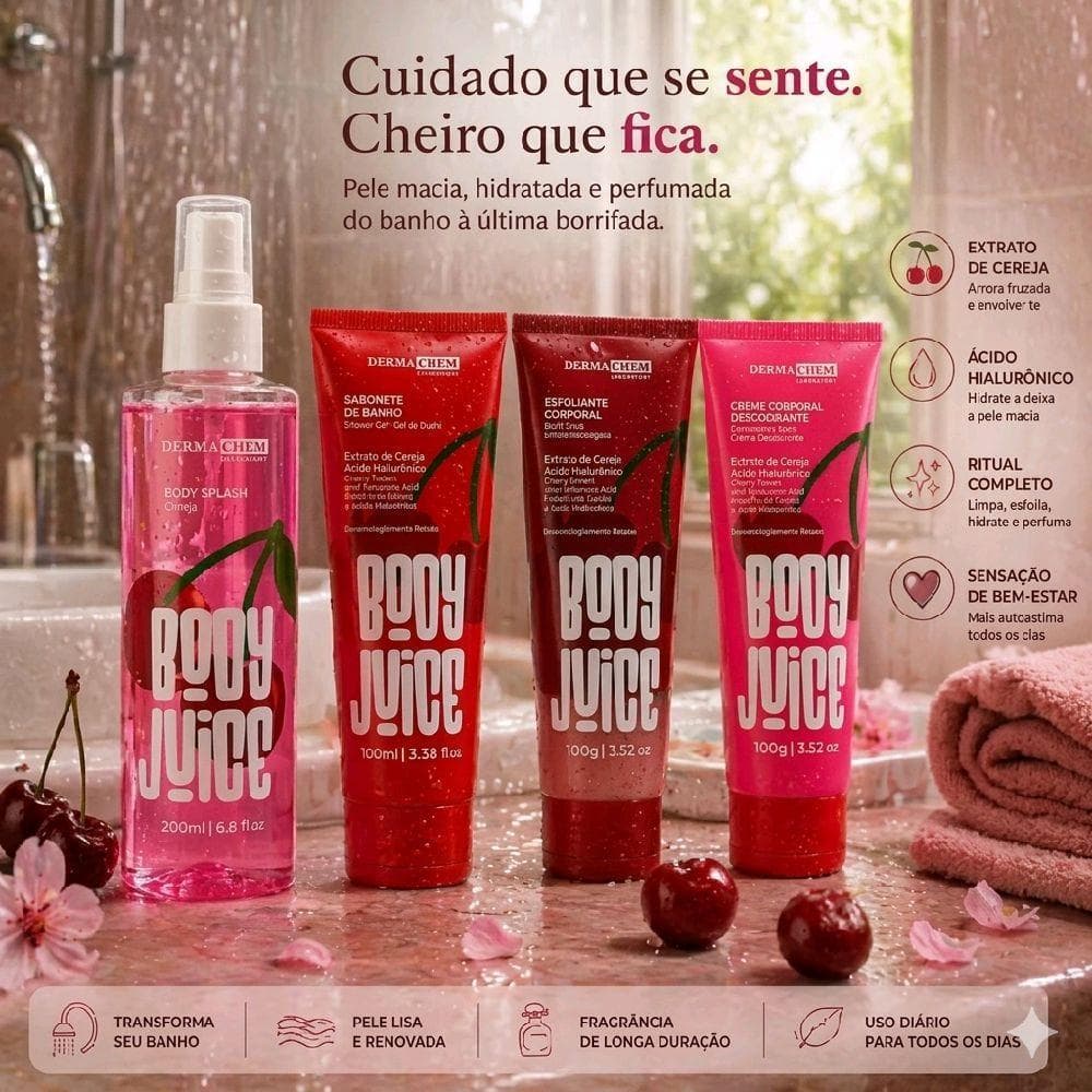 Kit Banho de Cereja - Cuidado Corporal com Extrato de Cereja e Ácido Hialurônico para Pele Macia e Hidratada