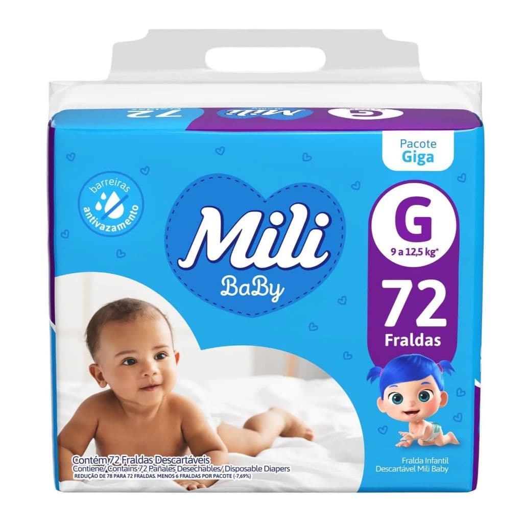 Fralda Descartável Bebê Infantil Mili Baby Giga Tamanho G Com 72 Fraldas