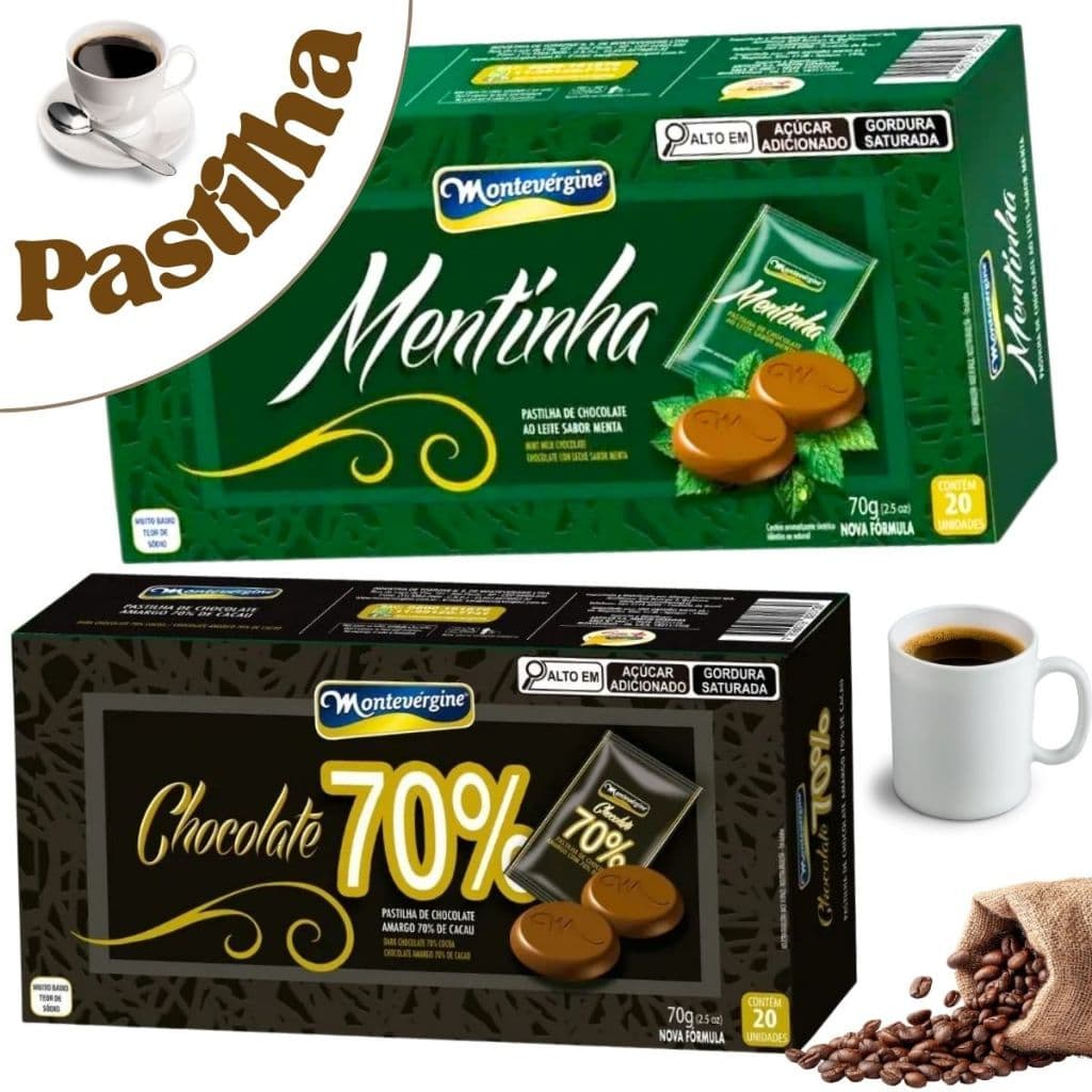 Pastilhas  Mentinha e Chocolate 70% Cacau para um café gourmet especial Cx 70g  com 20 pastilhas