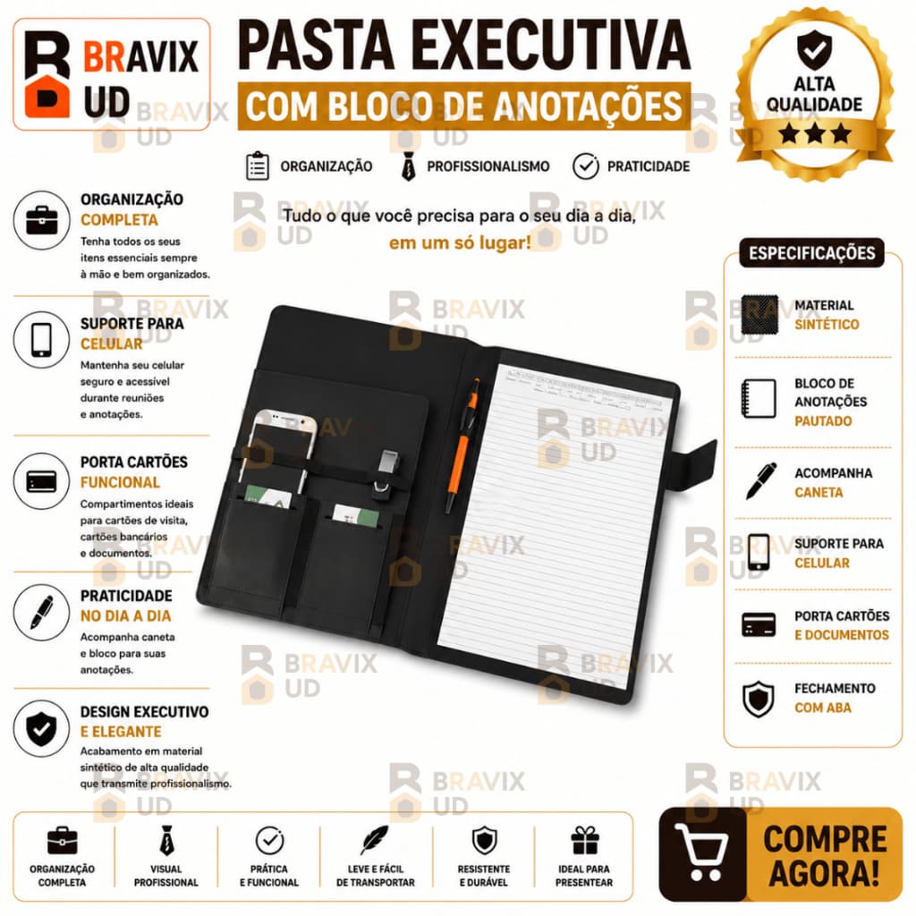 Pasta Executiva com Bloco de Anotações Suporte Para Celular Caneta Porta Cartões Capa com Material Sintético 2O Folhas