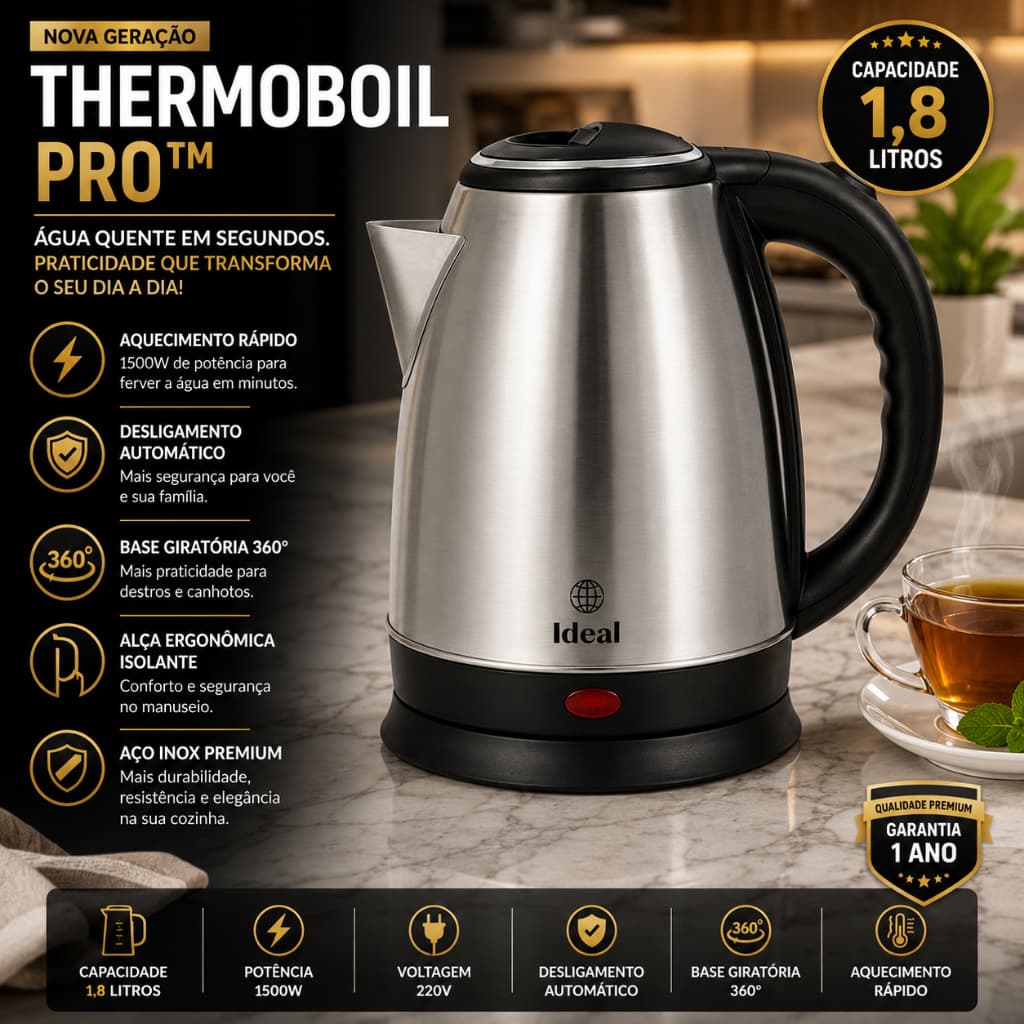 Chaleira Elétrica ThermoBoil Pro™ Inox 1,8 Litros 1500W 220V – Aquecimento Rápido, Segura e Prática