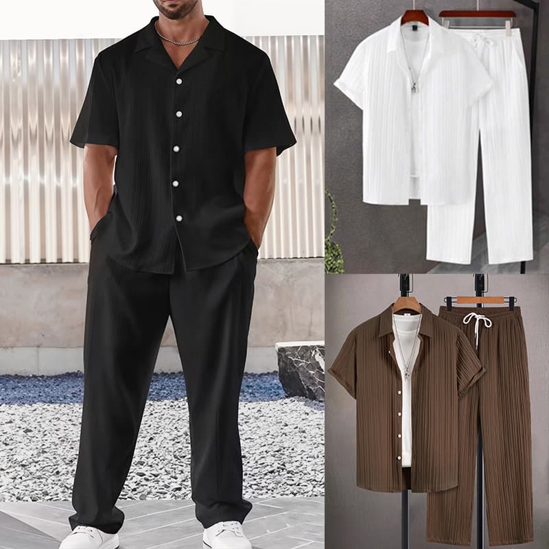 Conjunto Masculino de Camisa Manga Curta Sólida com Botões e Calça Estilo Casual para o Verão