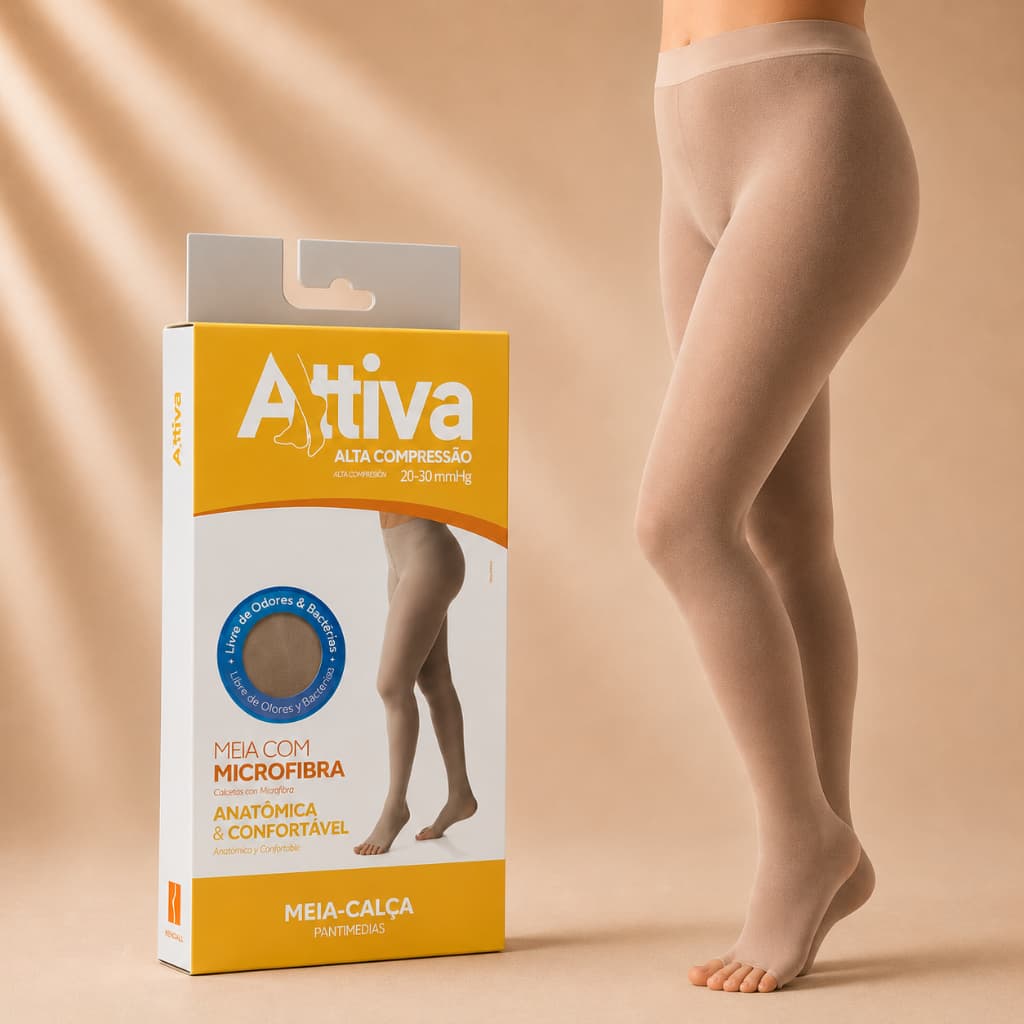 Meia Calça Elástica Varizes Alta Compressão 20-30mmHg Attiva Cor Natural Ponteira Aberta