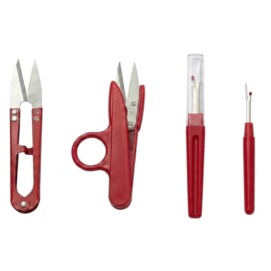 Kit Costura 4 Peças Profissional – Tesoura de Arremate Metal e Plástica e Abridor de Casas Grande e Pequeno