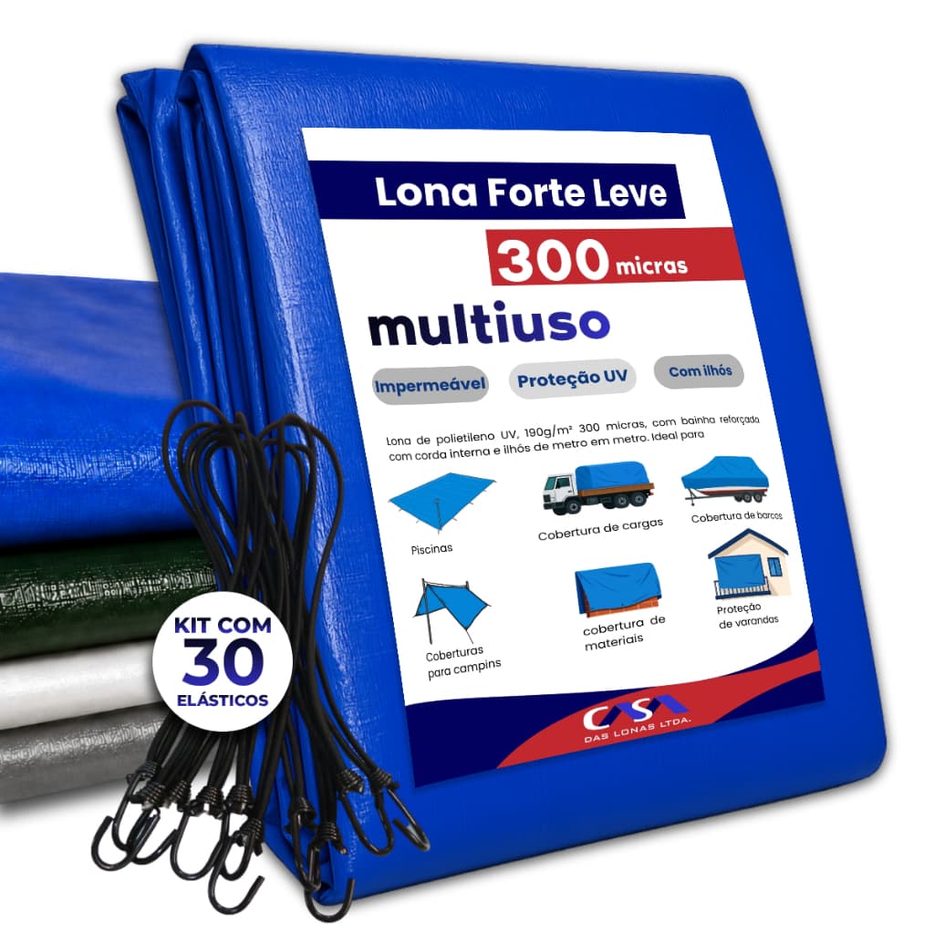 Kit Lona Reforçada Impermeável 300 Micras com Ilhós 7x6 8x5 10x4 + 30 Elásticos Pretos Cobertura