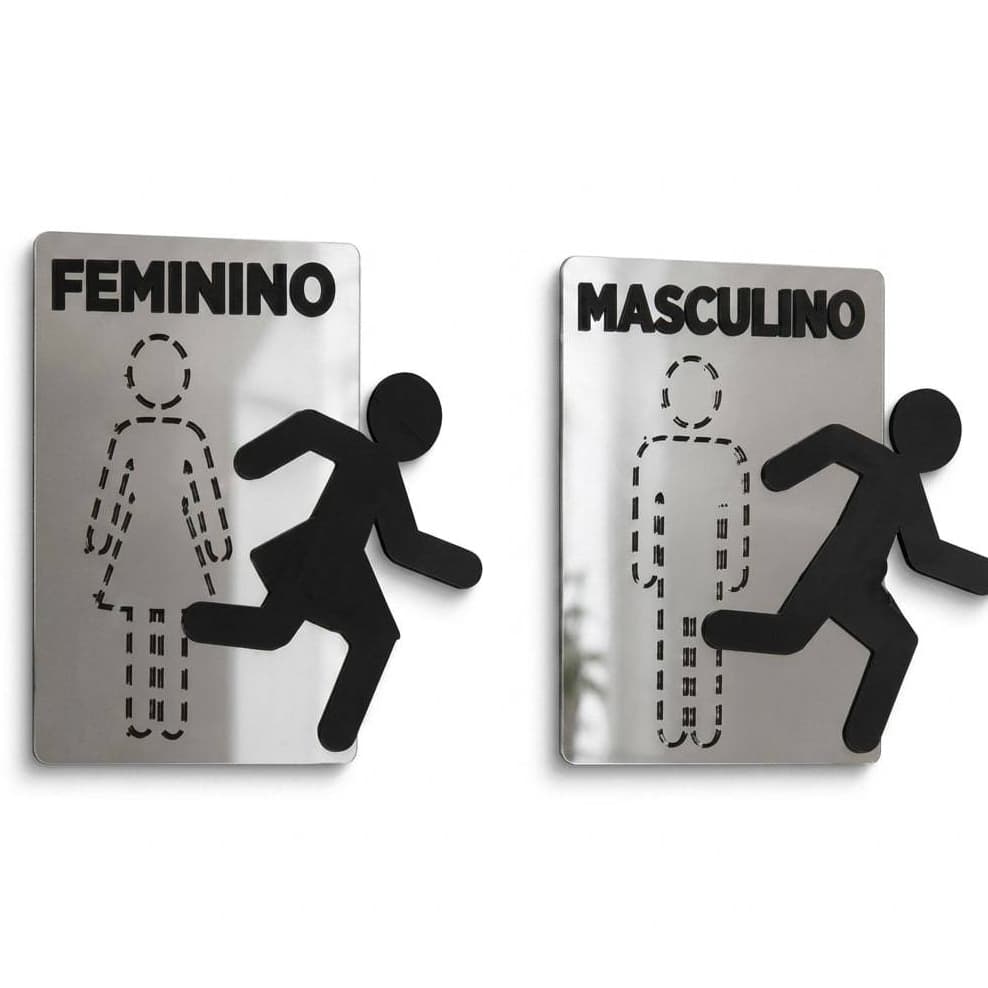 Kit Placa Sinalização para Banheiro Dupla Face em Acrílico Espelhada