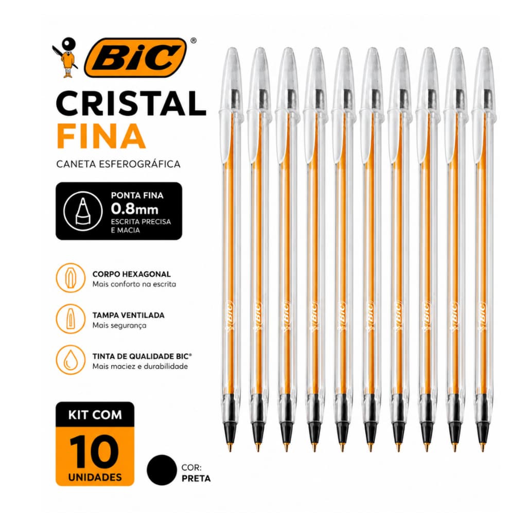 Caneta Esferográfica Bic Cristal Fina Preta 0.8mm Kt C/10 Unidades