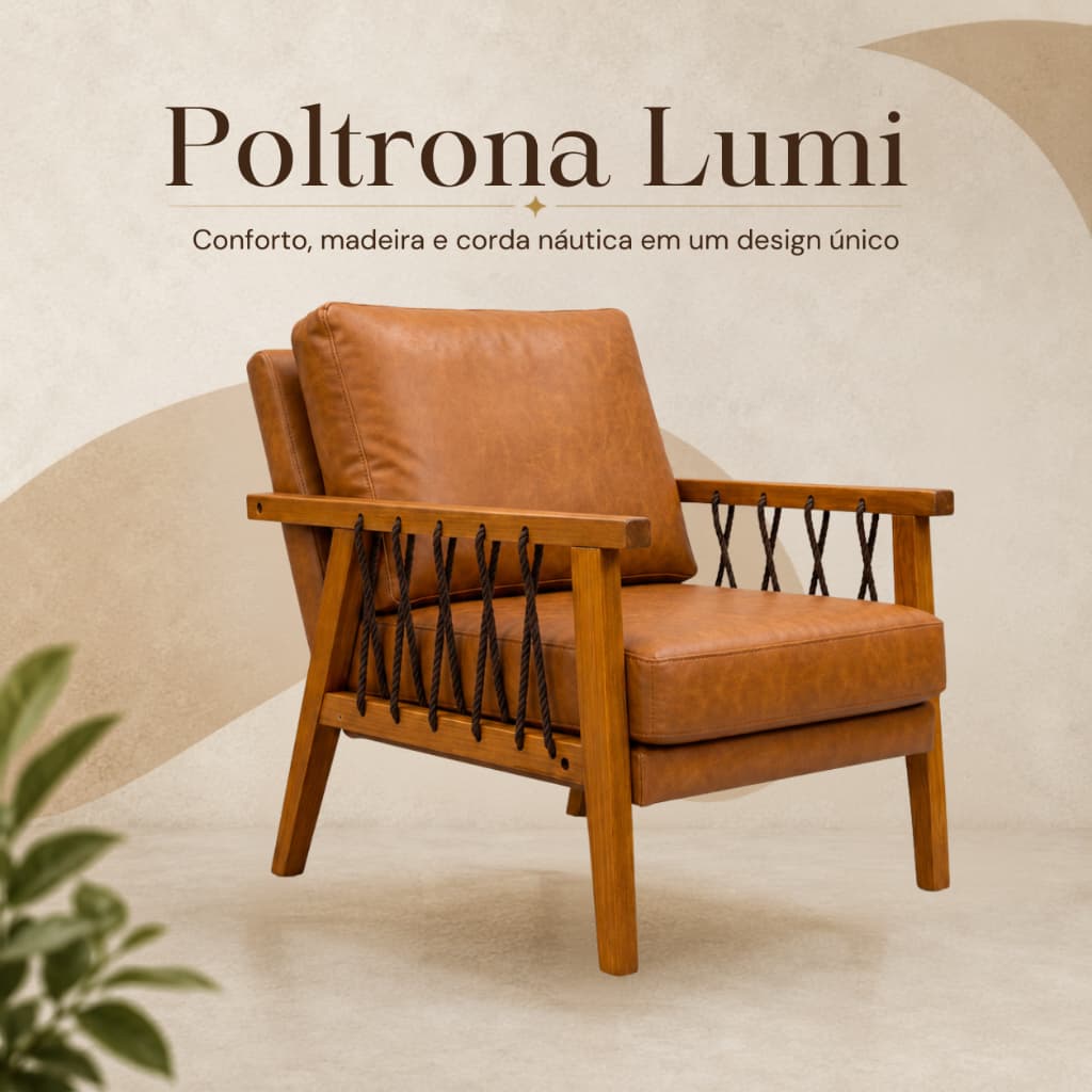 Poltrona Decorativa Lumi Linho Bege Madeira Maciça Corda Náutica Sala Luxo– Sala Escritório