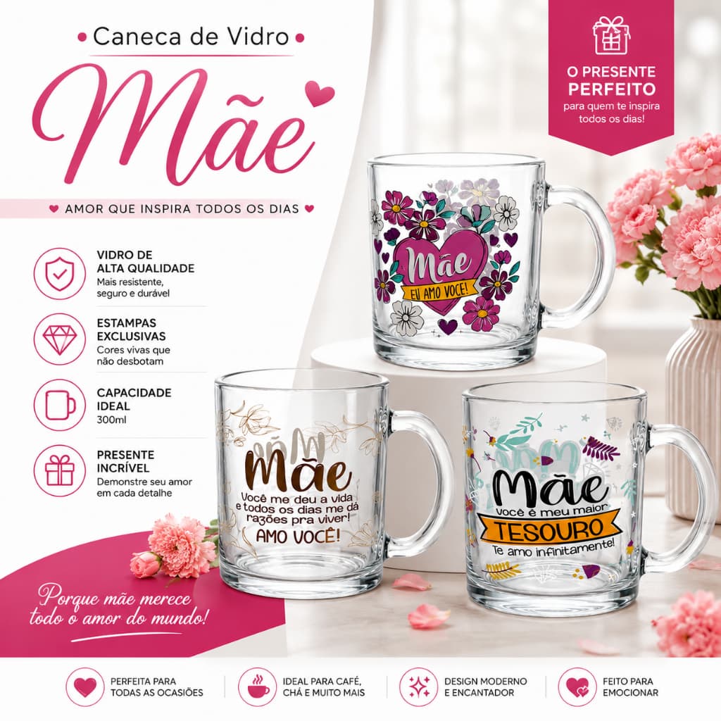 Caneca de vidro Mãe você é Meu Maior Tesouro, café chá 320 ml