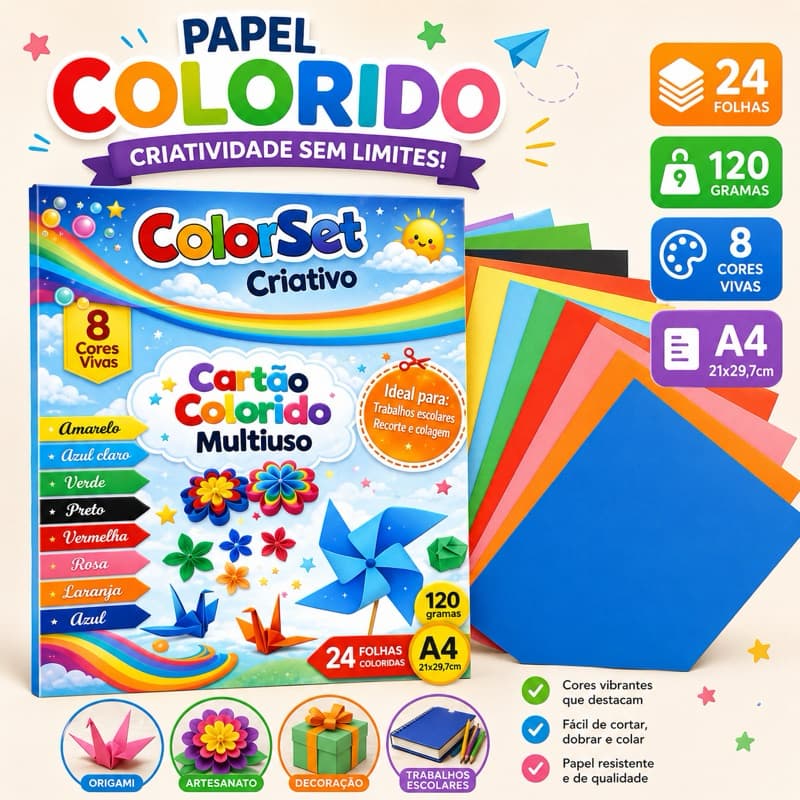 Papel A4 120g Colorset criativo Cores Vivas Escola Artes Artesanato Origami