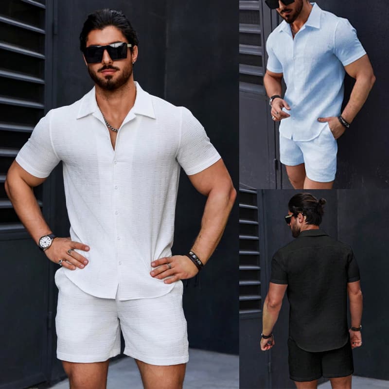 Conjunto Masculino Camisa Social Curta e Bermuda Praia Texturizada Leve Confortável 2 Peças
